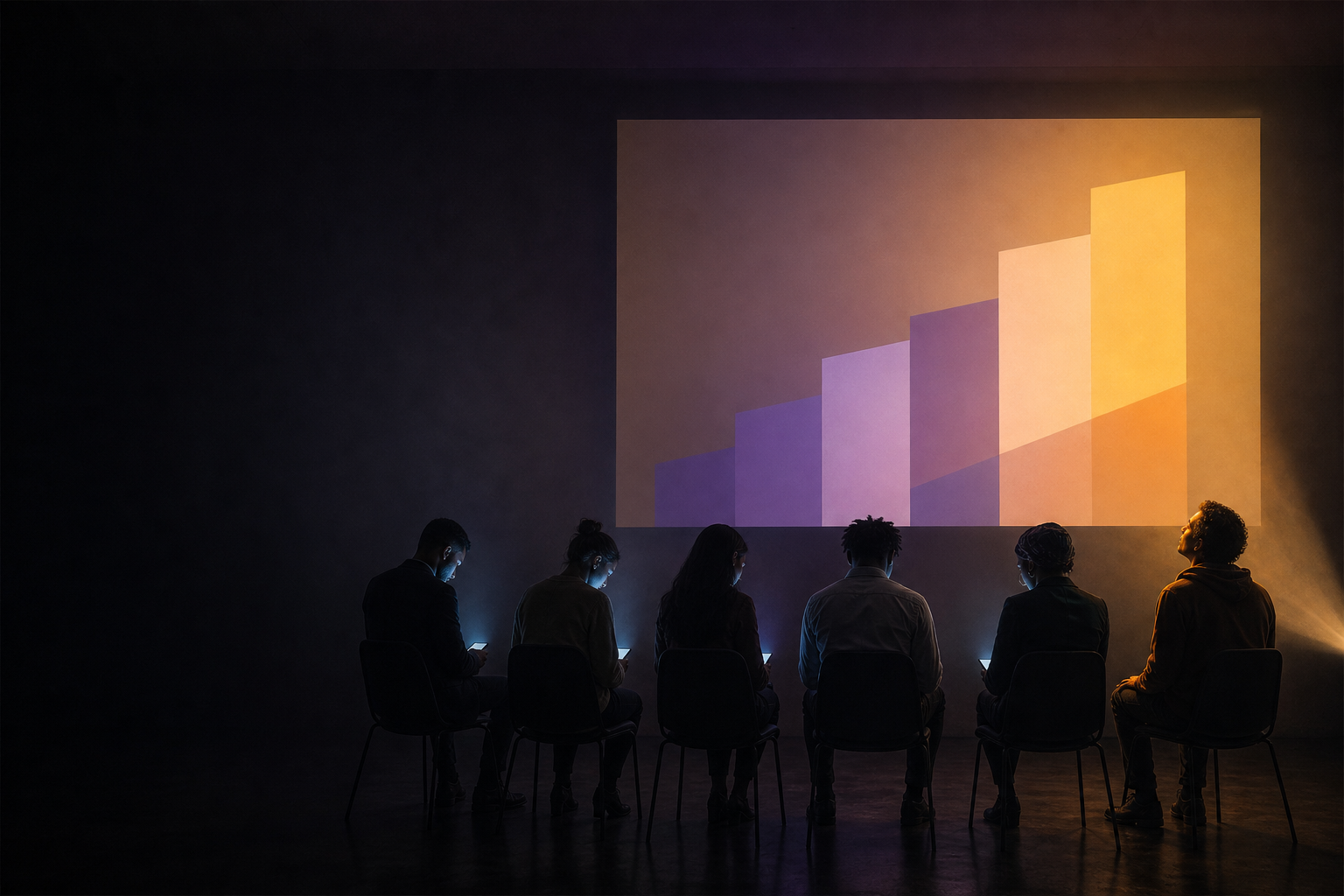 A darkened boardroom. A beautifully designed chart glows on the projection screen while five of the six people in the front row look down into their phones, each face lit from below. One person at the end is still looking up.