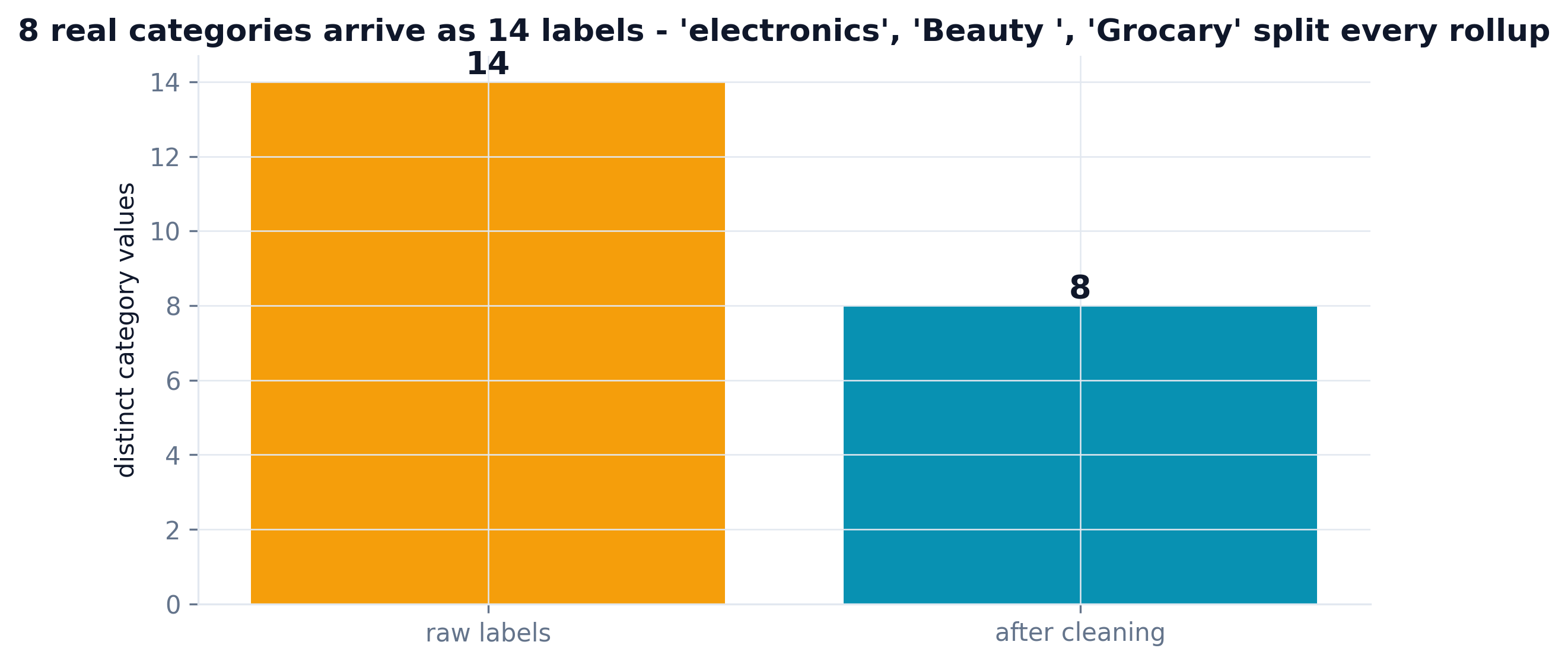 Bar chart: 14 raw category labels collapse to 8 after cleaning